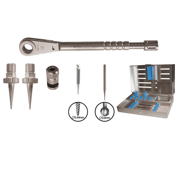 Kit implantologie : 2 extracteurs courts + cle + adaptateur+ extracteur de vis + fraise boule (diam. 0,06mm, longueur tige 25mm)+ cassette offerte